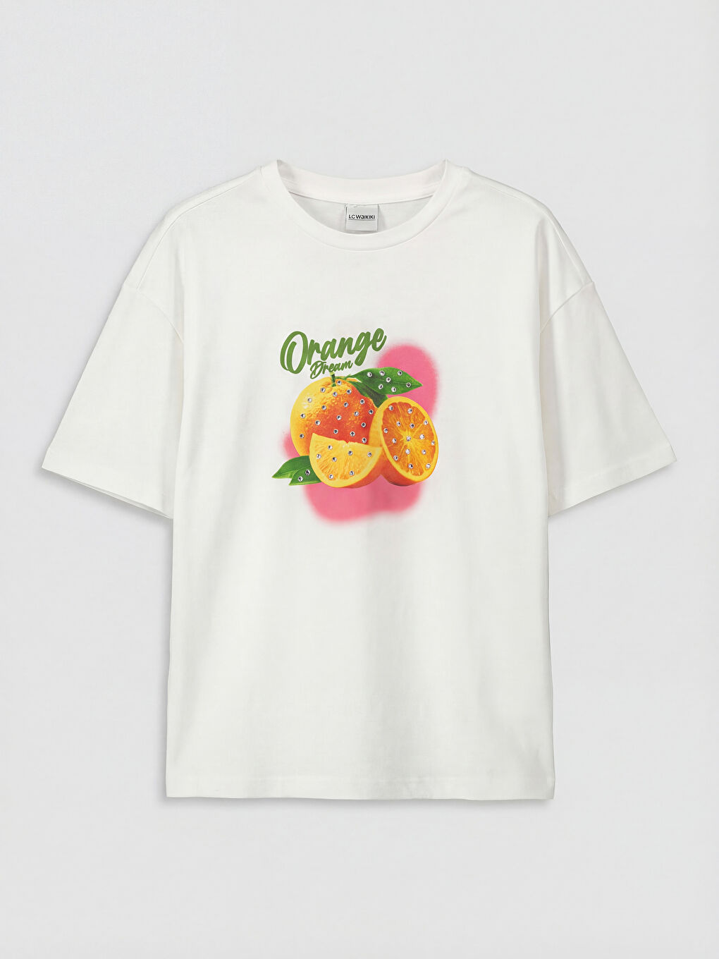 Ekru Bisiklet Yaka Kısa Kollu Baskılı Kız Çocuk Tişört