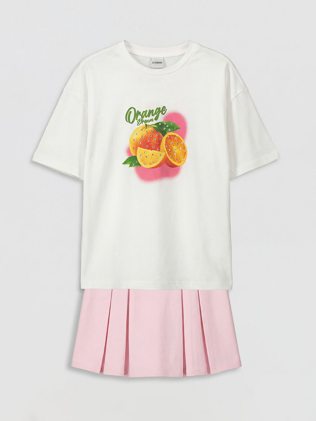 Ekru Baskılı Kız Çocuk Tişört ve Şort Etek