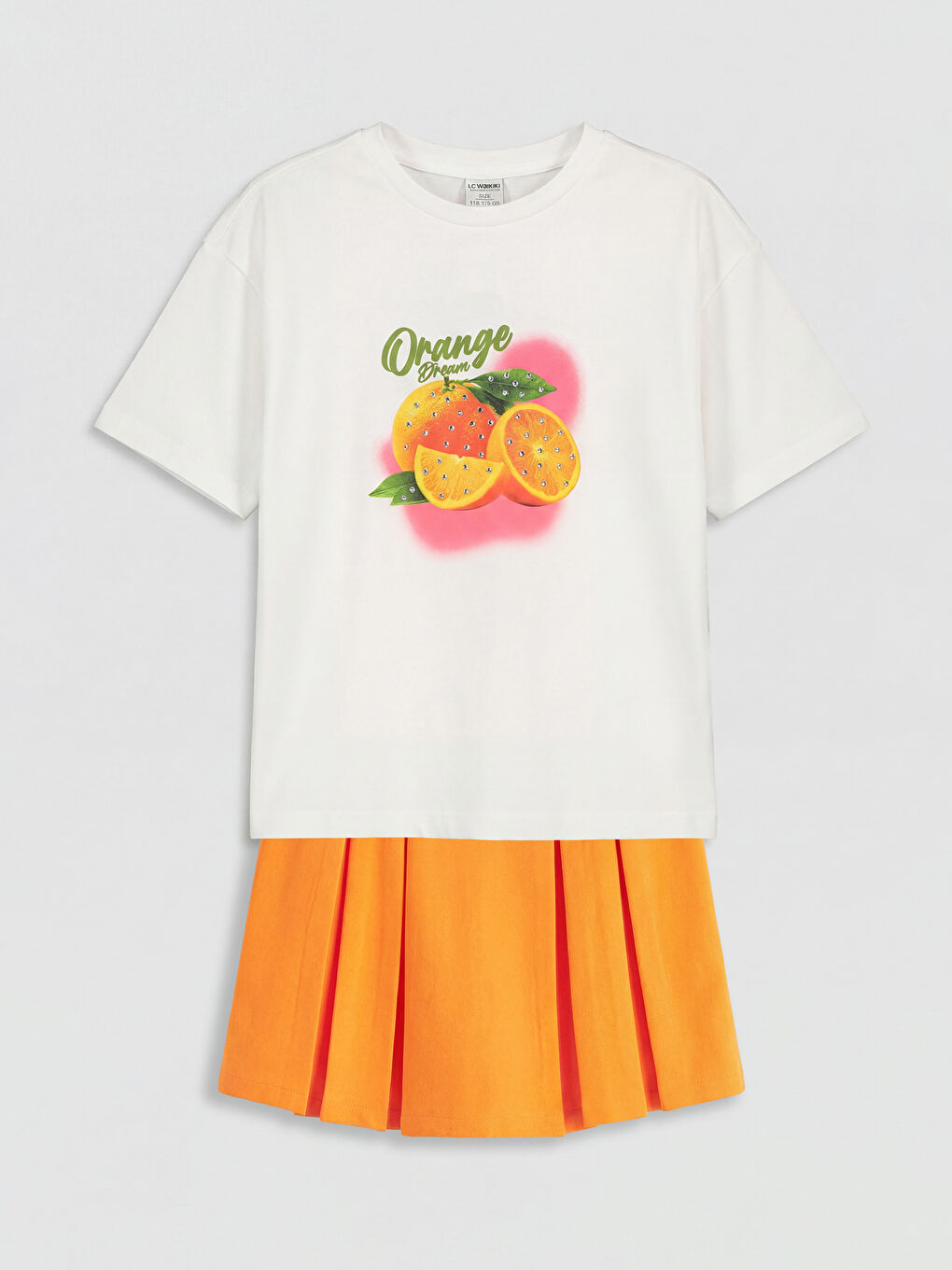 Ekru Baskılı Kız Çocuk Tişört ve Şort Etek