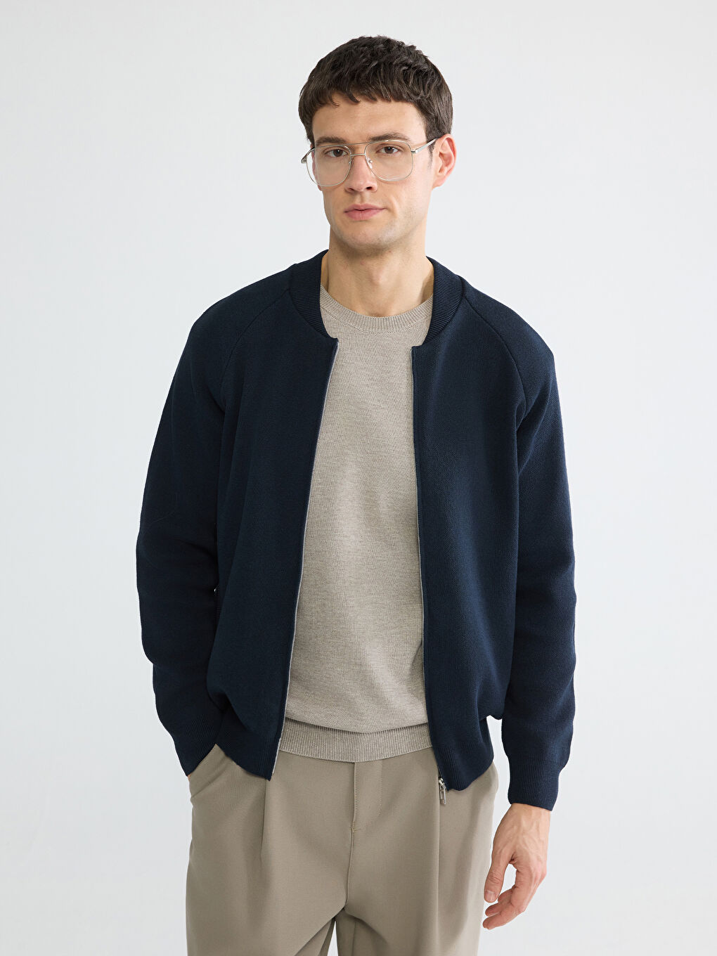 Lacivert Standart Kalıp Kolej Yaka Erkek Triko Hırka