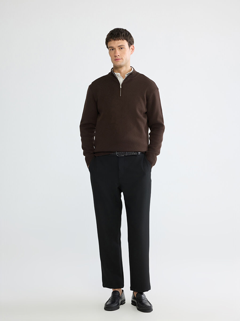 Kahverengi Dik Yaka Erkek Triko Kazak-1