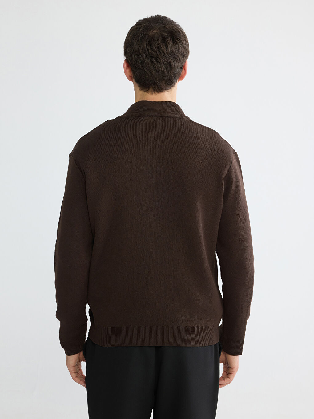 Kahverengi Dik Yaka Erkek Triko Kazak-3