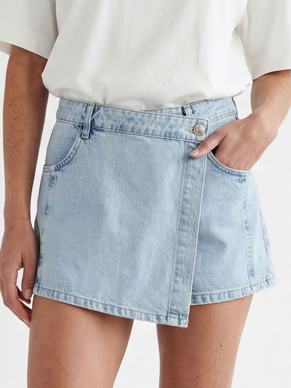 İndigo Yüksek Bel Kadın Jean Şort Etek-2