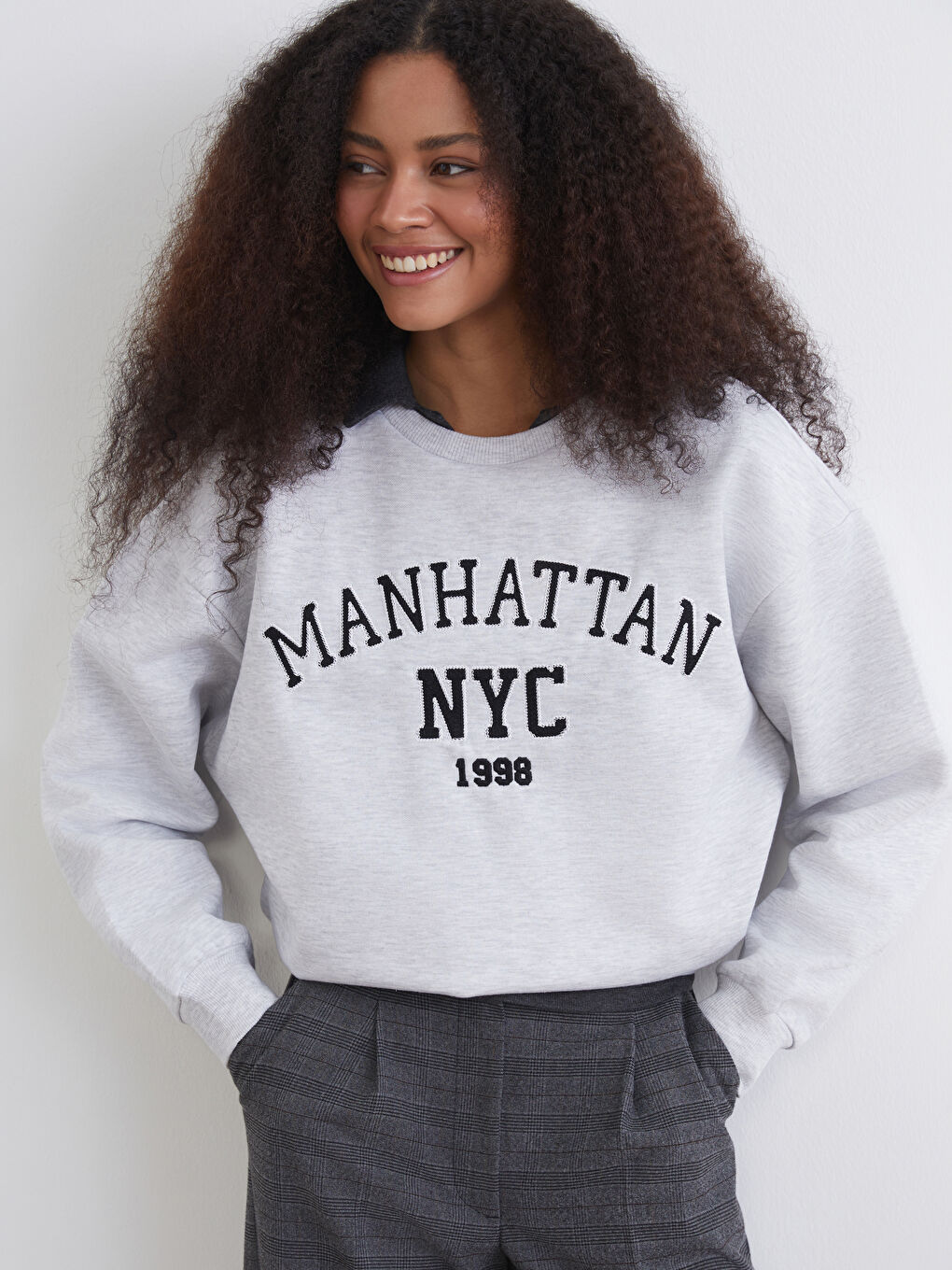 Gri NYC Baskılı Oversize Kadın Sweatshirt