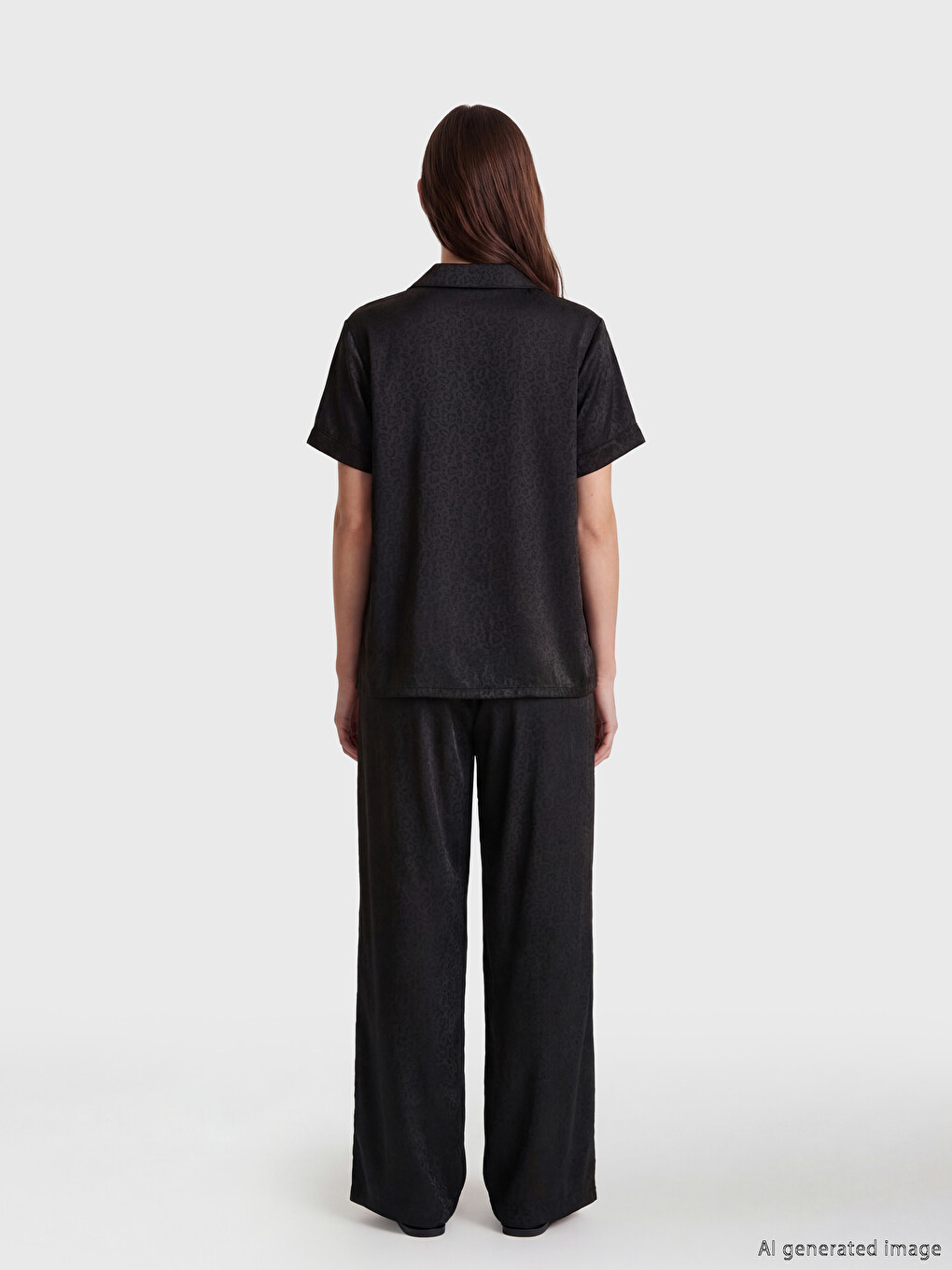 Siyah Desenli Kadın Saten Pijama Takım-3