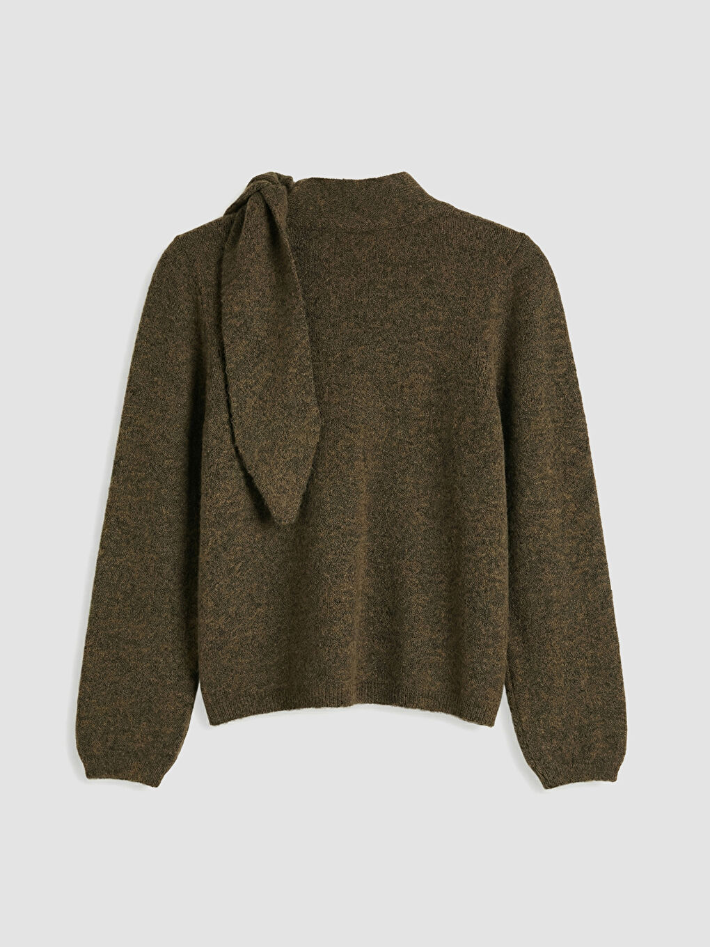 Haki Balıkçı Yaka Bağlama Detaylı Kadın Triko Kazak-5