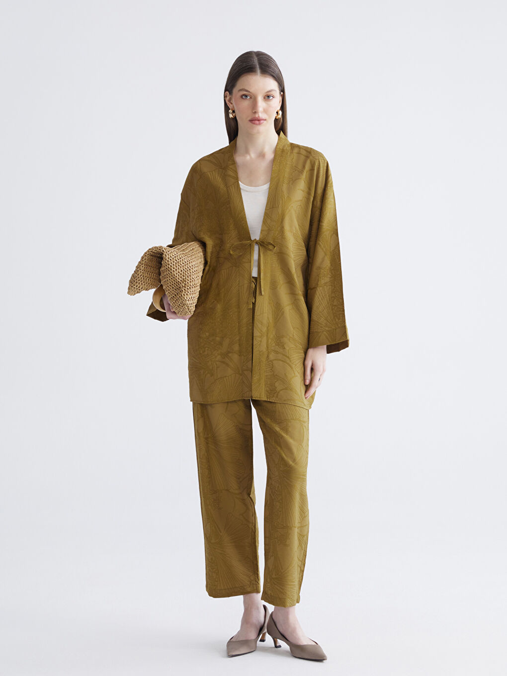 Haki Beli Lastikli Desenli Kadın Pantolon