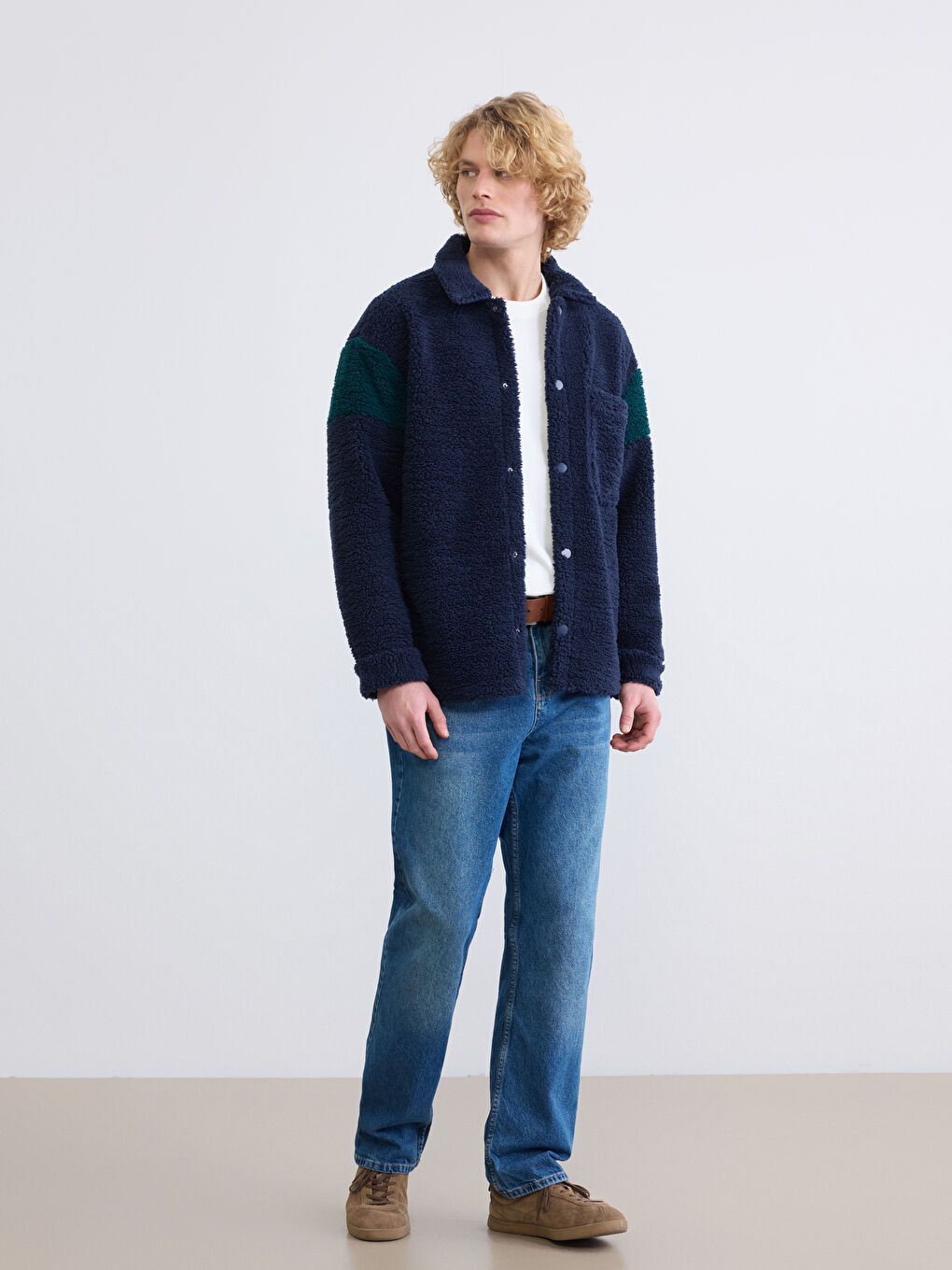 Lacivert Rahat Kalıp Erkek Pelüş Gömlek Ceket-1