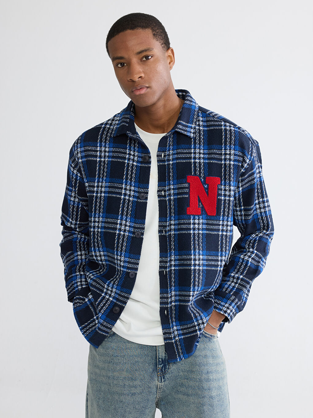 Lacivert Loose Fit Ekose Erkek Gömlek Ceket