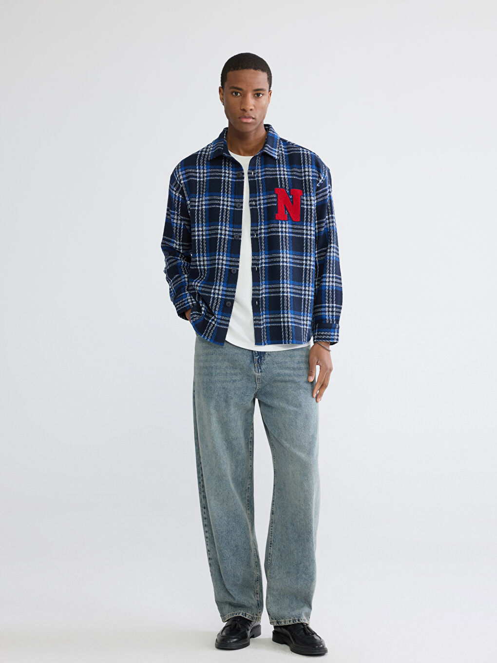 Lacivert Loose Fit Ekose Erkek Gömlek Ceket-1