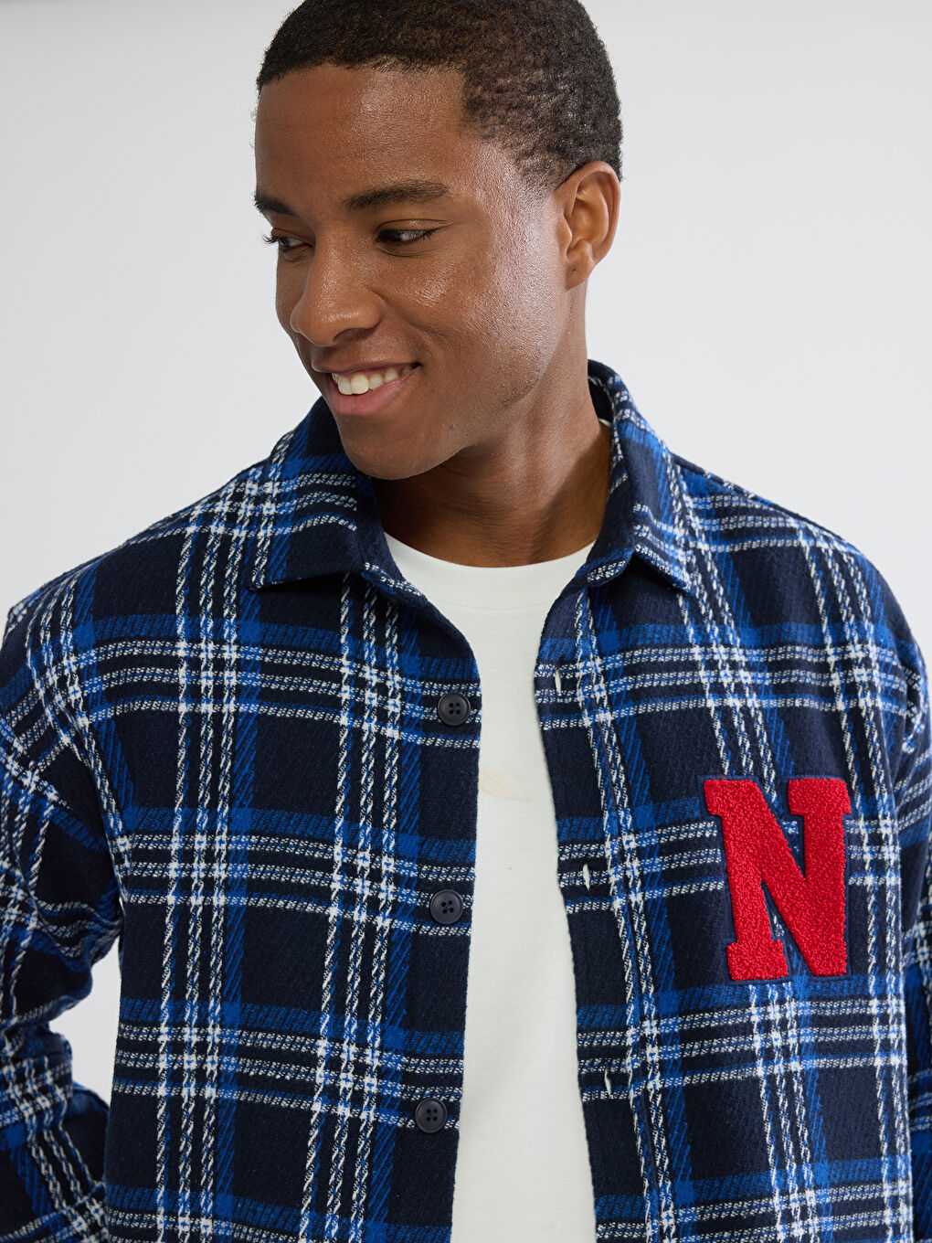 Lacivert Loose Fit Ekose Erkek Gömlek Ceket-2