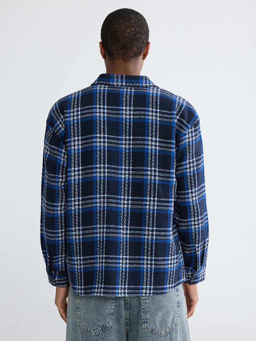 Lacivert Loose Fit Ekose Erkek Gömlek Ceket-3