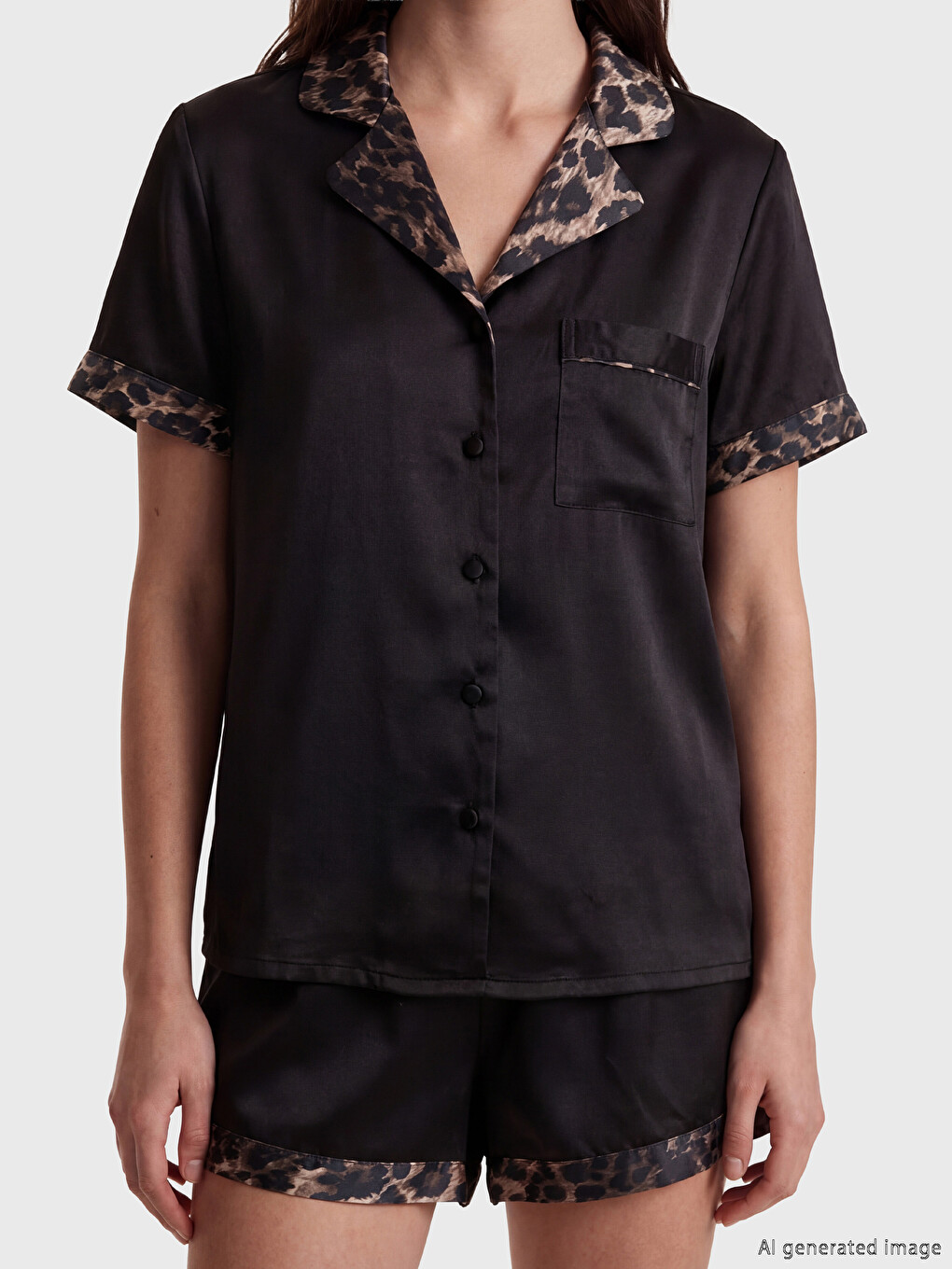 Siyah Leopar Desenli Saten Kadın Şortlu Pijama Takımı-2