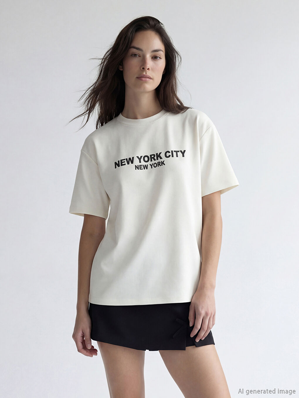Ekru New York Baskılı Soft Touch Kadın Tişört