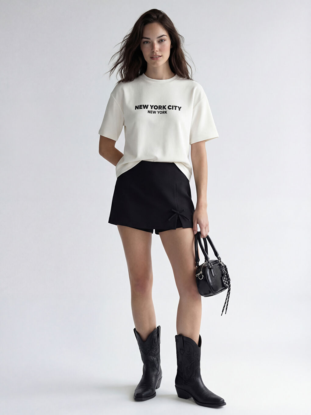 Ekru New York Baskılı Soft Touch Kadın Tişört-1