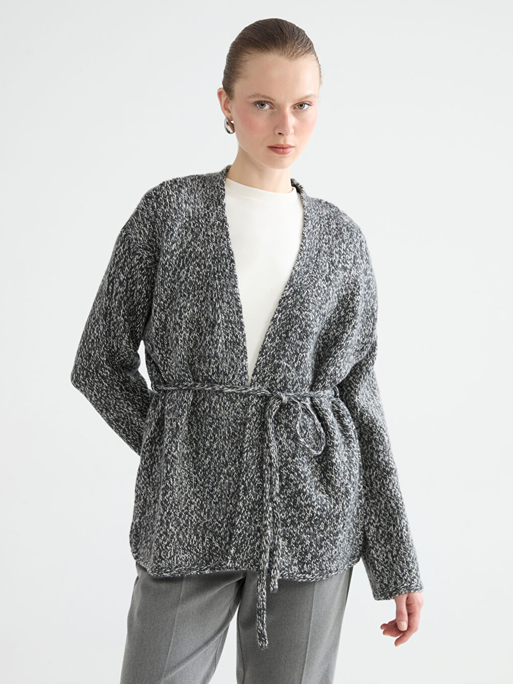 Antrasit Şal Yaka Desenli Kadın Triko Hırka