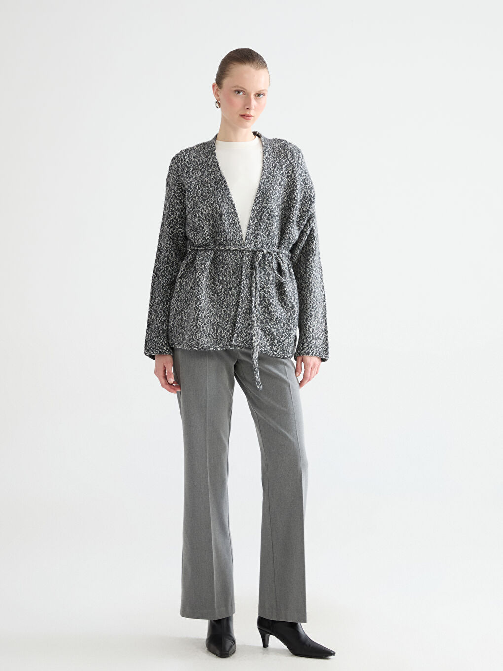 Antrasit Şal Yaka Desenli Kadın Triko Hırka-1