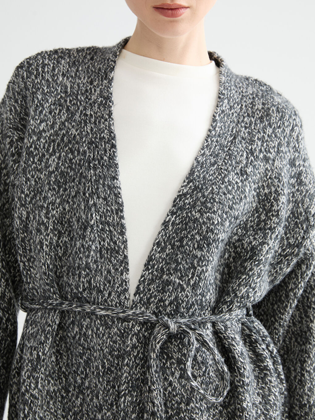 Antrasit Şal Yaka Desenli Kadın Triko Hırka-2