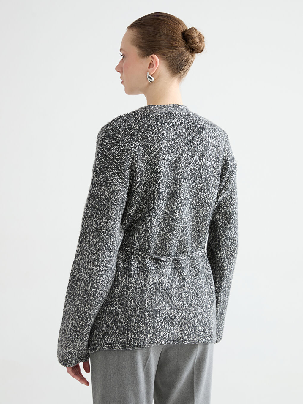 Antrasit Şal Yaka Desenli Kadın Triko Hırka-3
