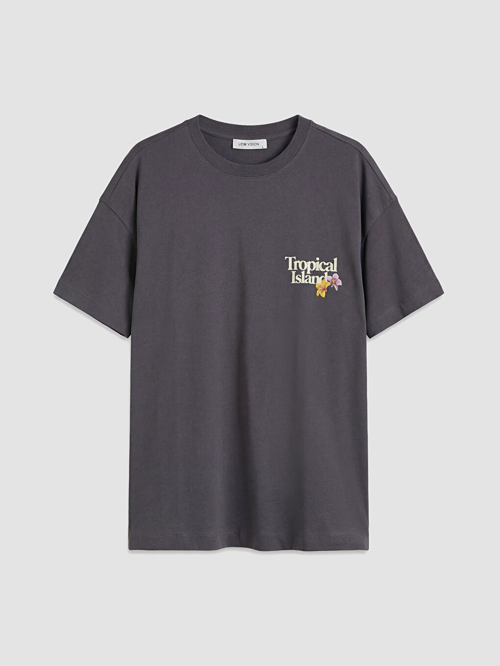 Antrasit Bisiklet Yaka Baskılı Oversize Kadın Tişört-4