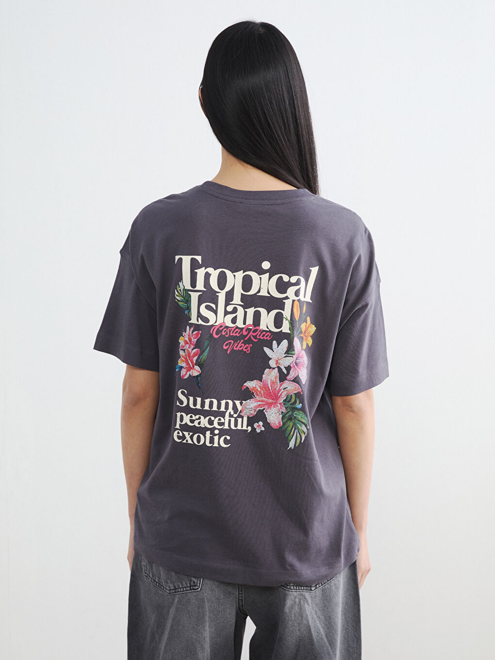 Antrasit Bisiklet Yaka Baskılı Oversize Kadın Tişört-3