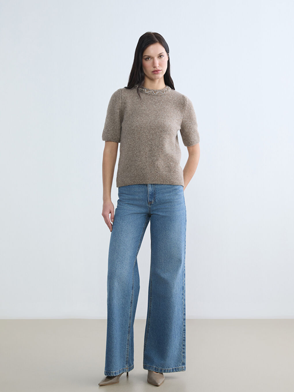 Kahverengi Bisiklet Yaka Taşlı Kadın Triko Kazak-1