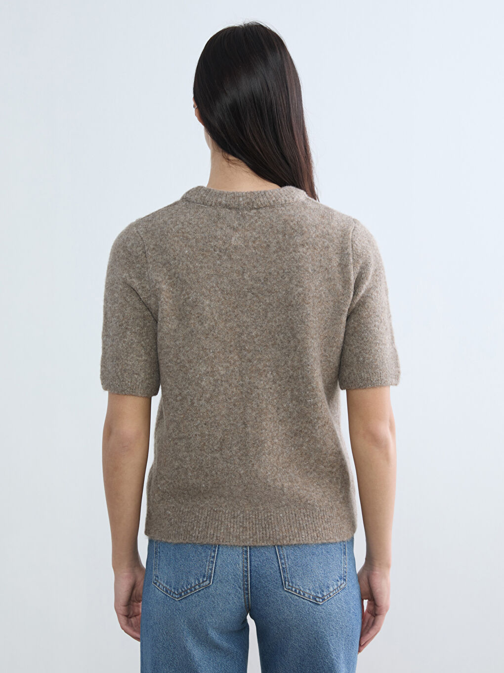 Kahverengi Bisiklet Yaka Taşlı Kadın Triko Kazak-3