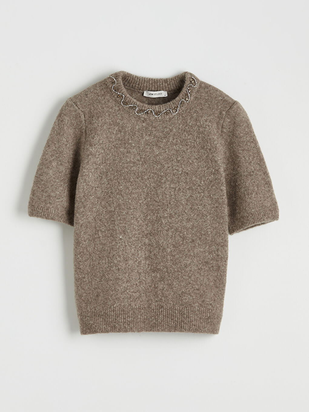 Kahverengi Bisiklet Yaka Taşlı Kadın Triko Kazak-4