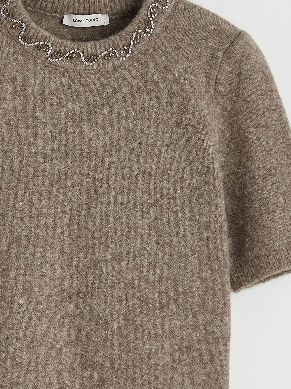 Kahverengi Bisiklet Yaka Taşlı Kadın Triko Kazak-5