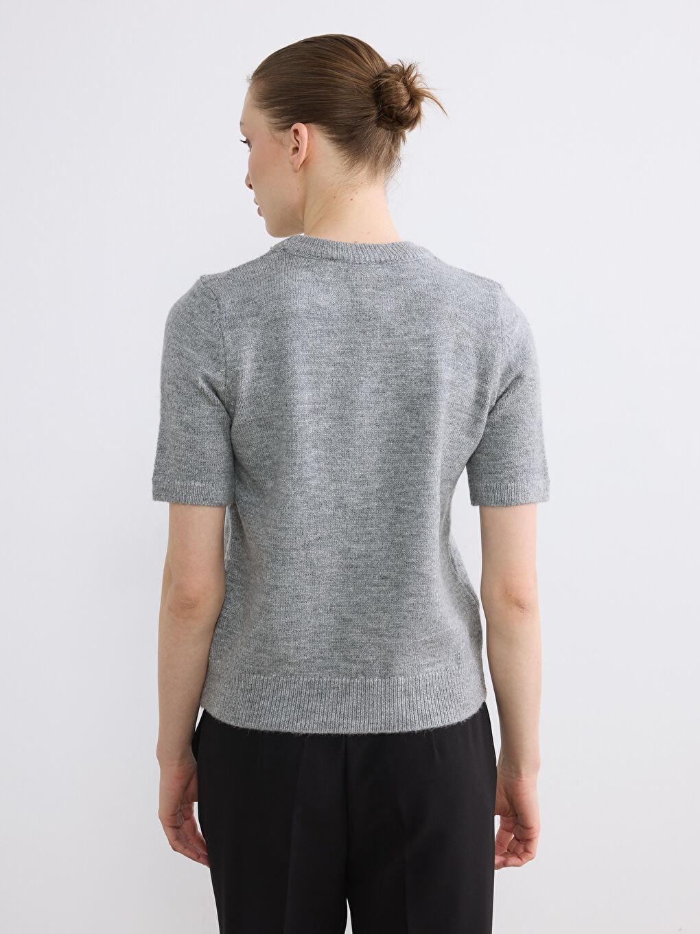 Gri Bisiklet Yaka Taşlı Kadın Triko Kazak-3