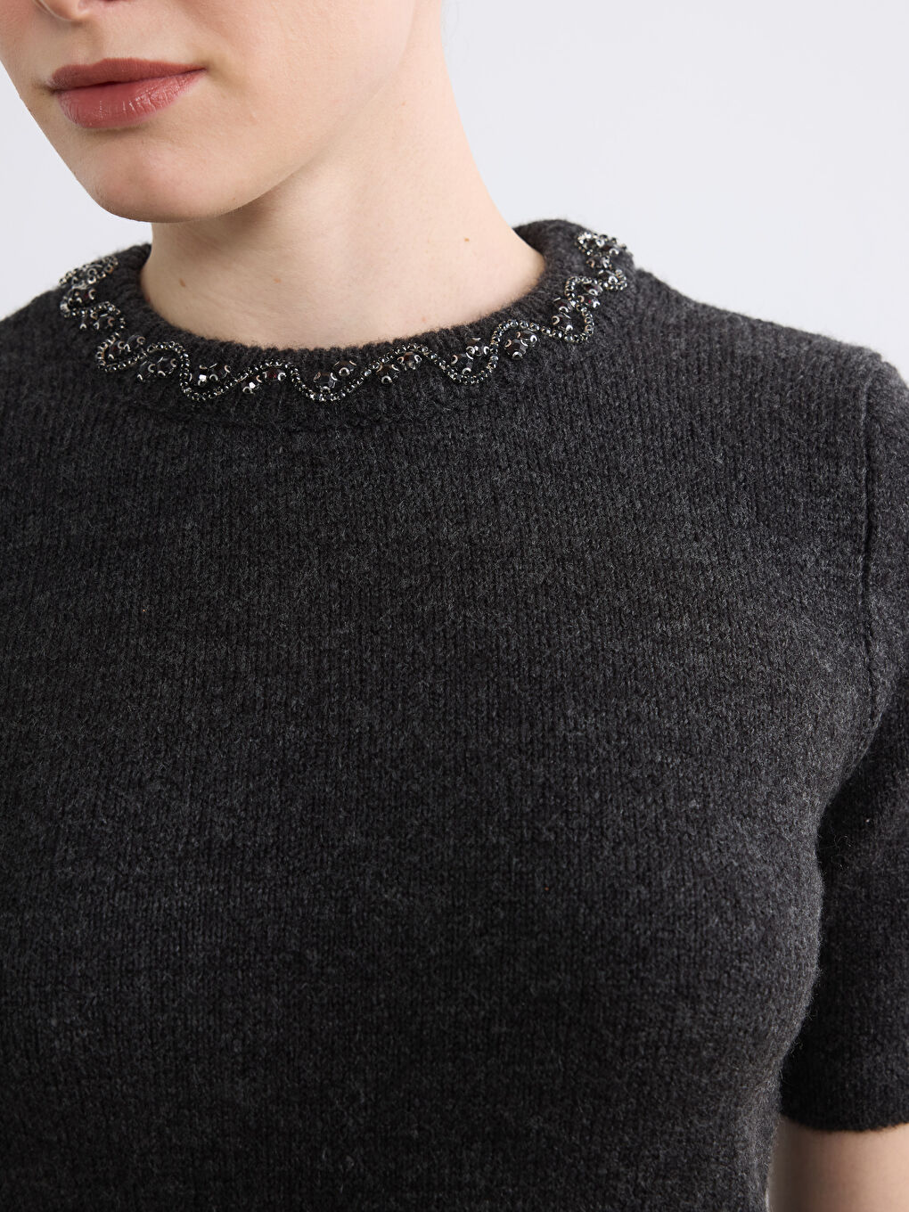 Antrasit Bisiklet Yaka Taşlı Kadın Triko Kazak-2