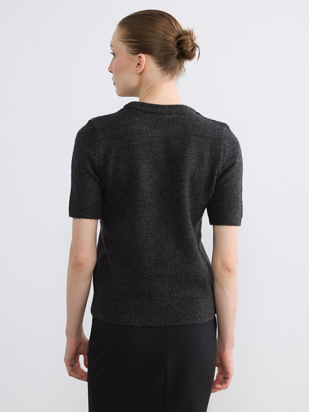 Antrasit Bisiklet Yaka Taşlı Kadın Triko Kazak-3