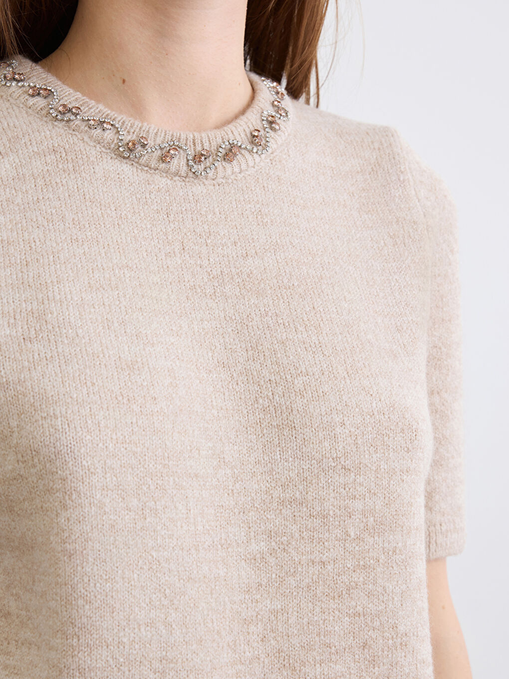 Bej Bisiklet Yaka Taşlı Kadın Triko Kazak-2