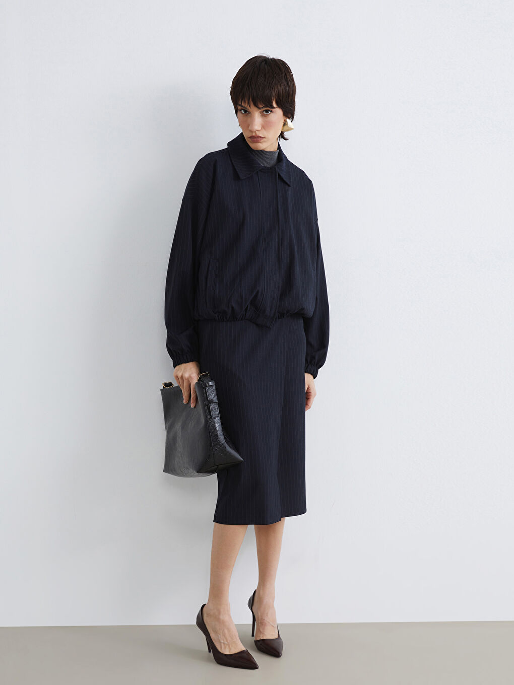 Lacivert Çizgili Oversize Kadın Gömlek Ceket-1