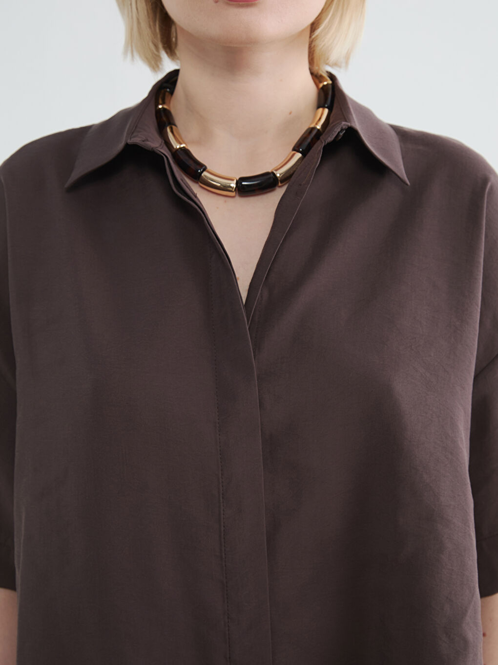 Kahverengi Modal Karışımlı Crop Kadın Gömlek-2