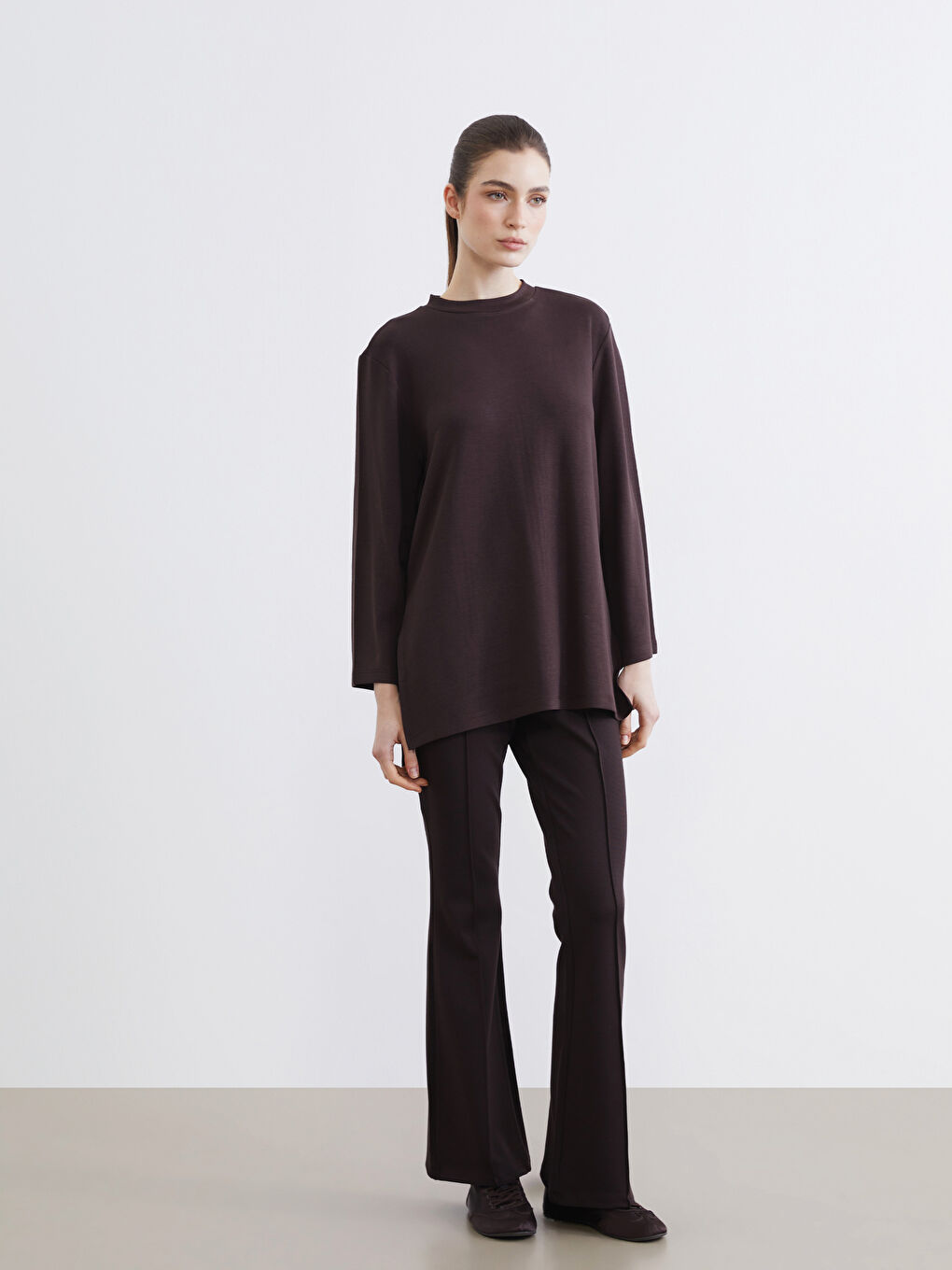 Kahverengi Dar Fit Kadın İspanyol Paça Pantolon