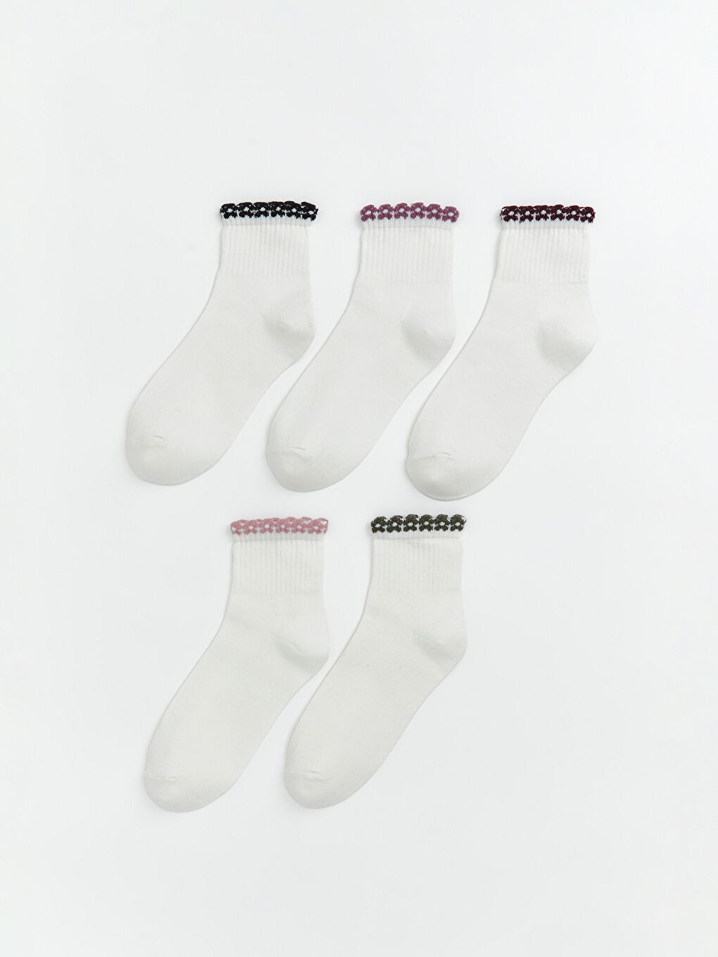 Ekru Çiçek Nakışlı Kadın Soket Çorap 5'li