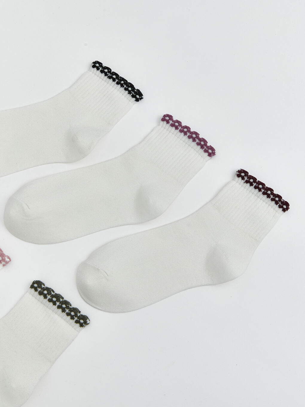 Ekru Çiçek Nakışlı Kadın Soket Çorap 5'li-1