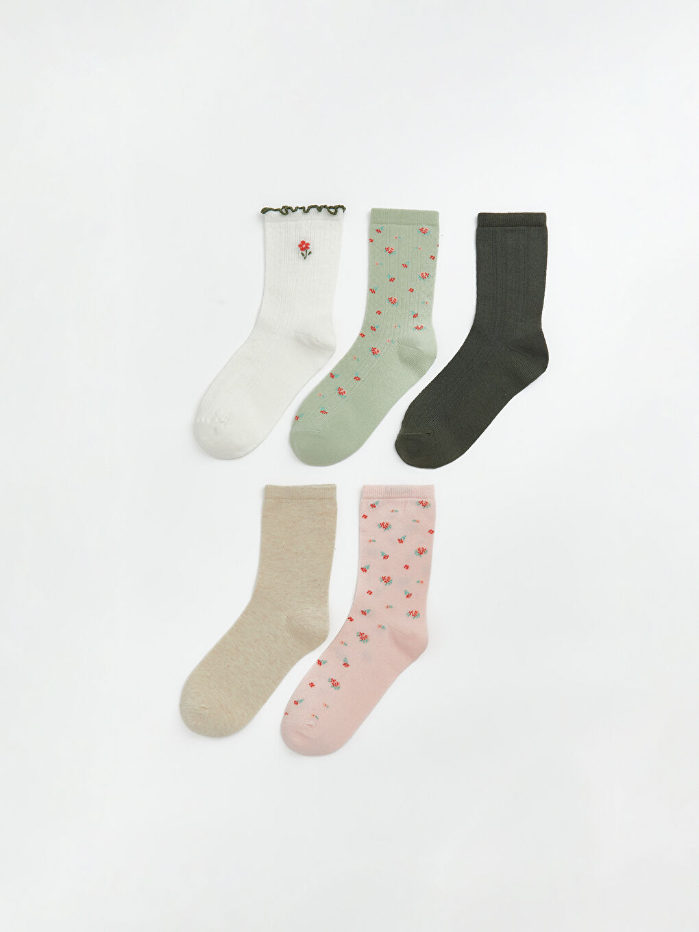 Ekru Çiçekli Kadın Soket Çorap 5'li	