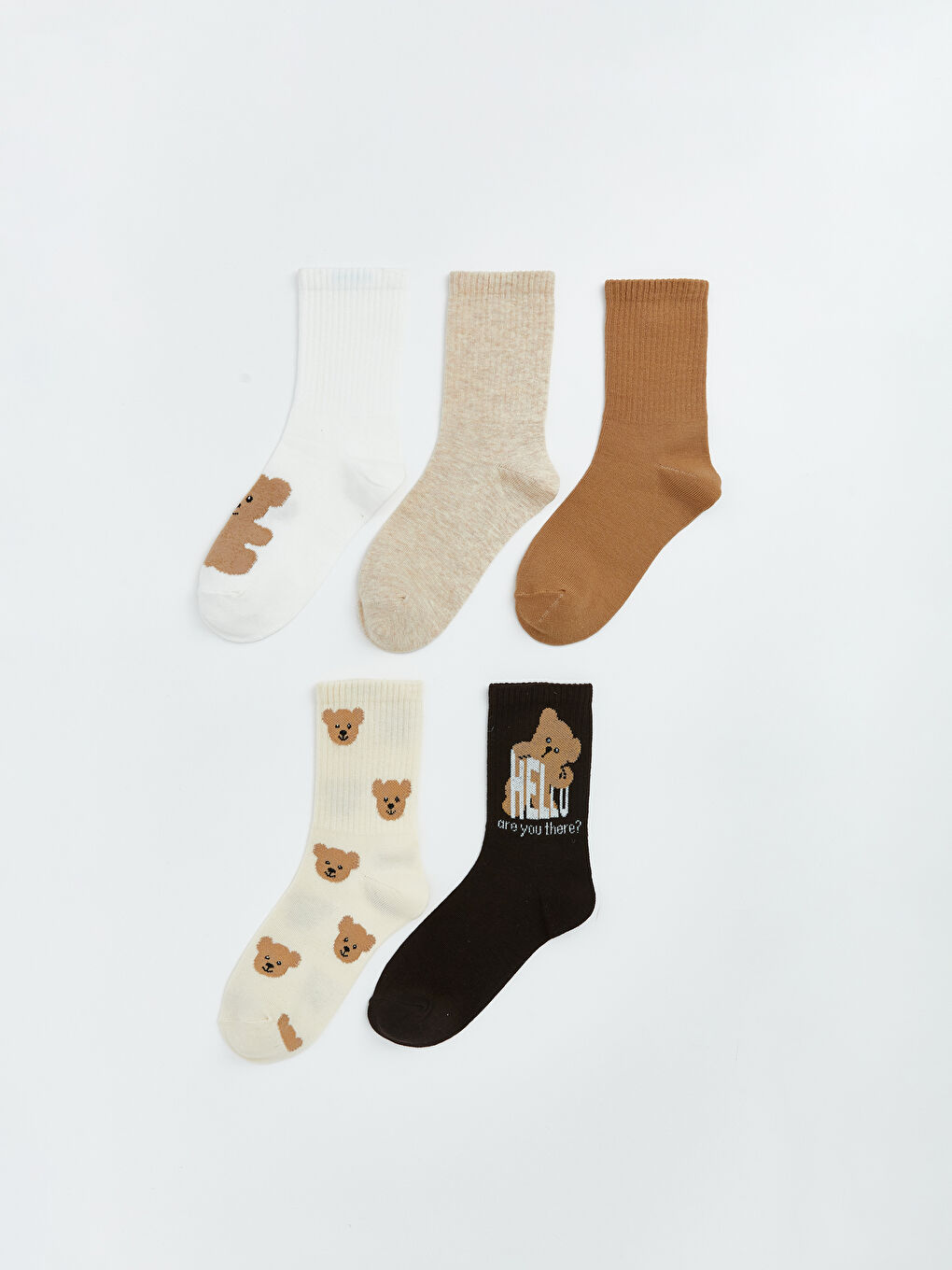 Ekru Ayı Baskılı Kadın Soket Çorap 5'li