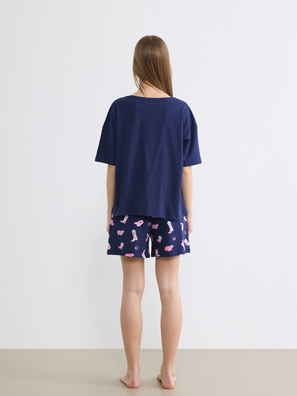 Lacivert Beli Lastikli Desenli Kadın Şort Pijama Alt-2
