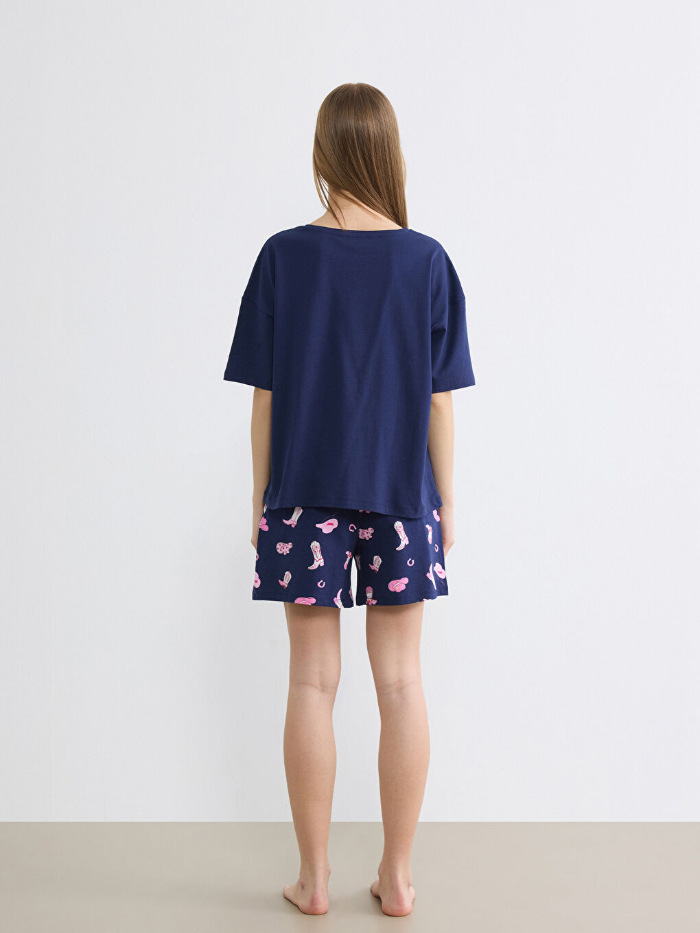 Lacivert Bisiklet Yaka Baskılı Kadın Şortlu Pijama Takımı-3