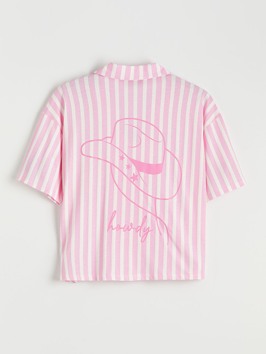 Pembe Gömlek Yaka Çizgili Kadın Pijama Üst-1