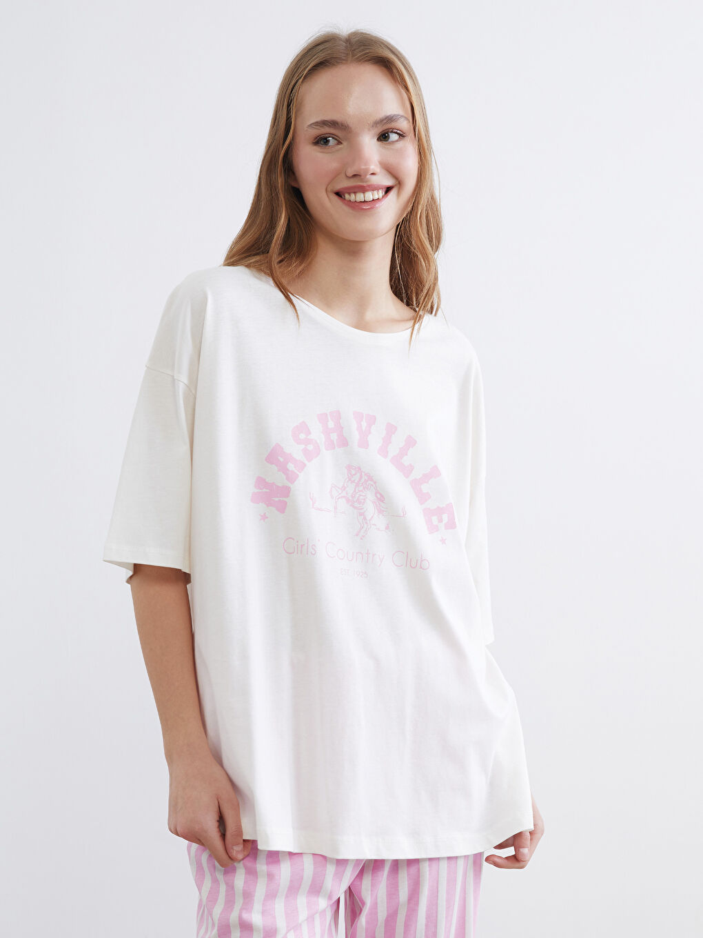 Pembe Bisiklet Yaka Baskılı Kadın Pijama Takım-1