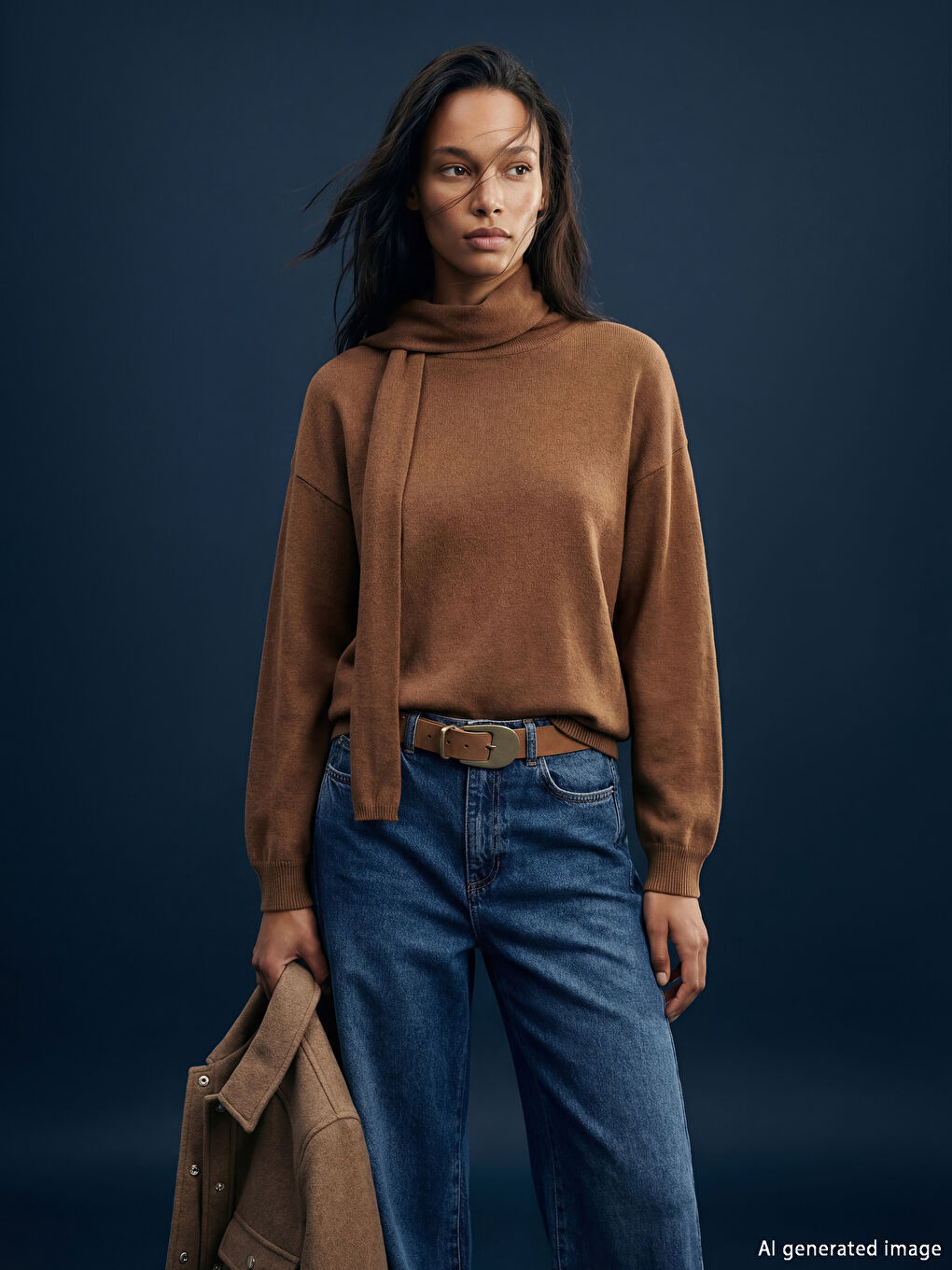 Kahverengi Atkılı Yaka Kadın Triko Kazak-6