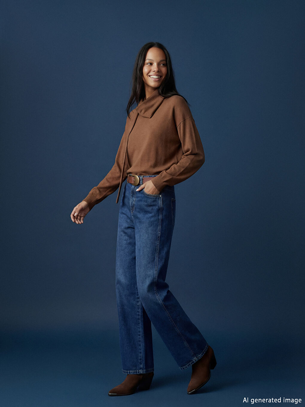 Kahverengi Atkılı Yaka Kadın Triko Kazak-7