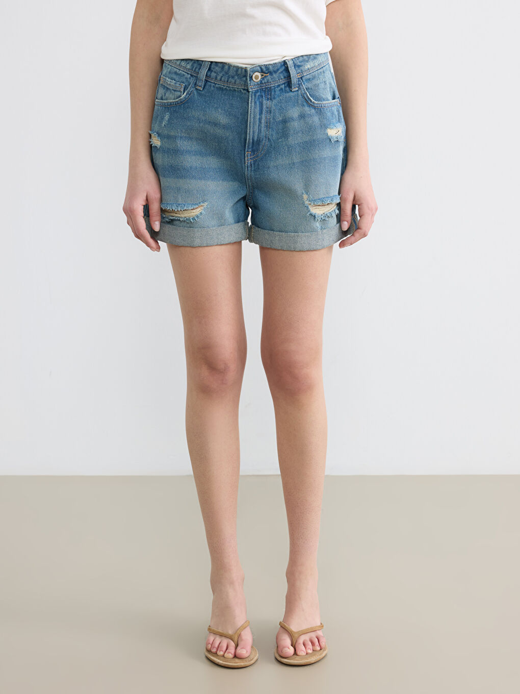 Distressed Detail Women's Denim Shorts-1
