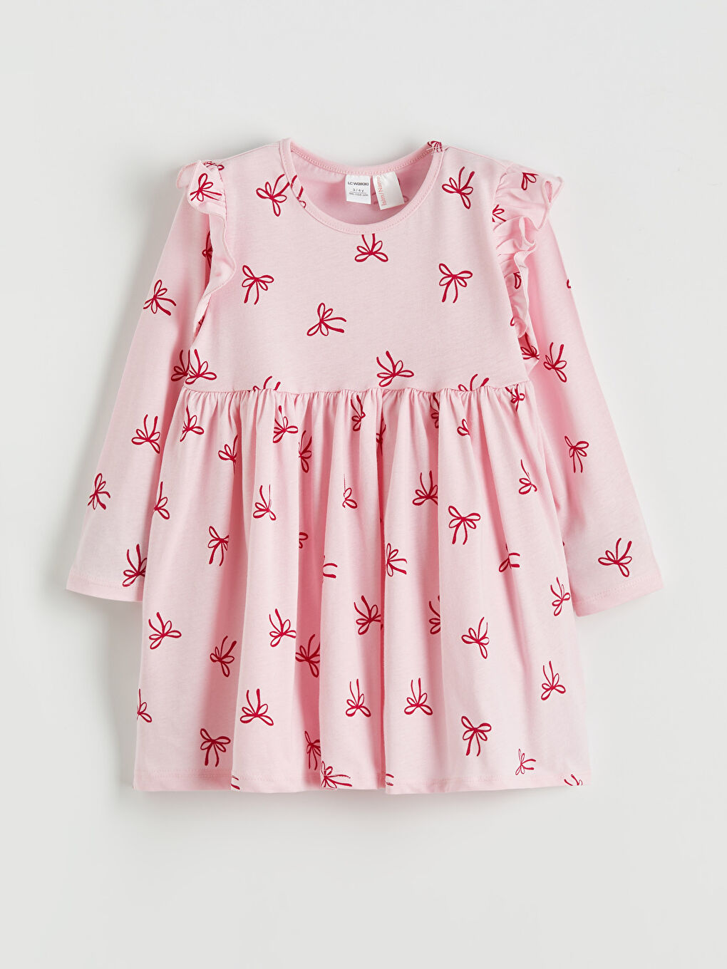 Pembe Kurdele Baskılı Fırfırlı Kız Çocuk Elbise