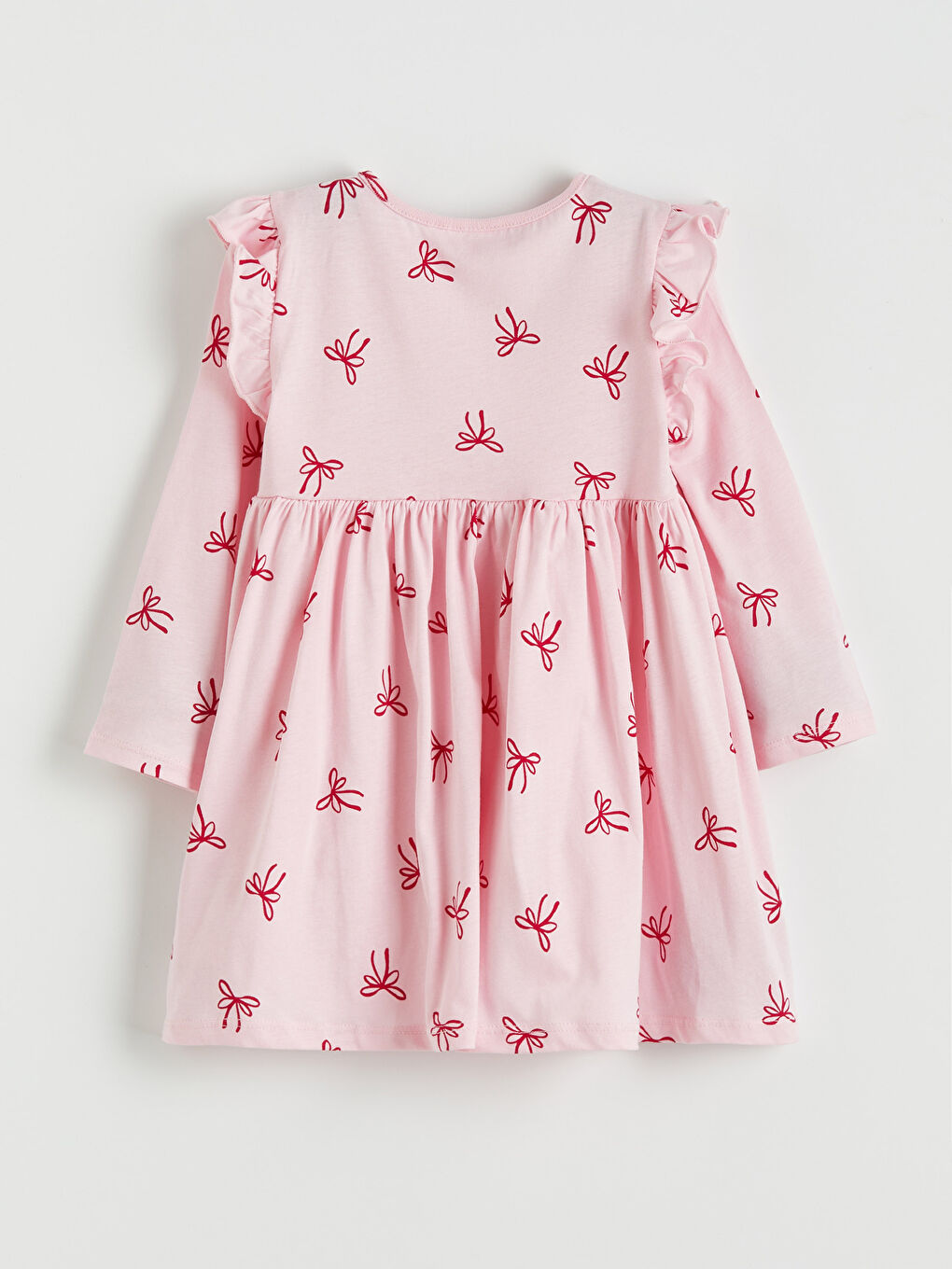 Pembe Kurdele Baskılı Fırfırlı Kız Çocuk Elbise-1