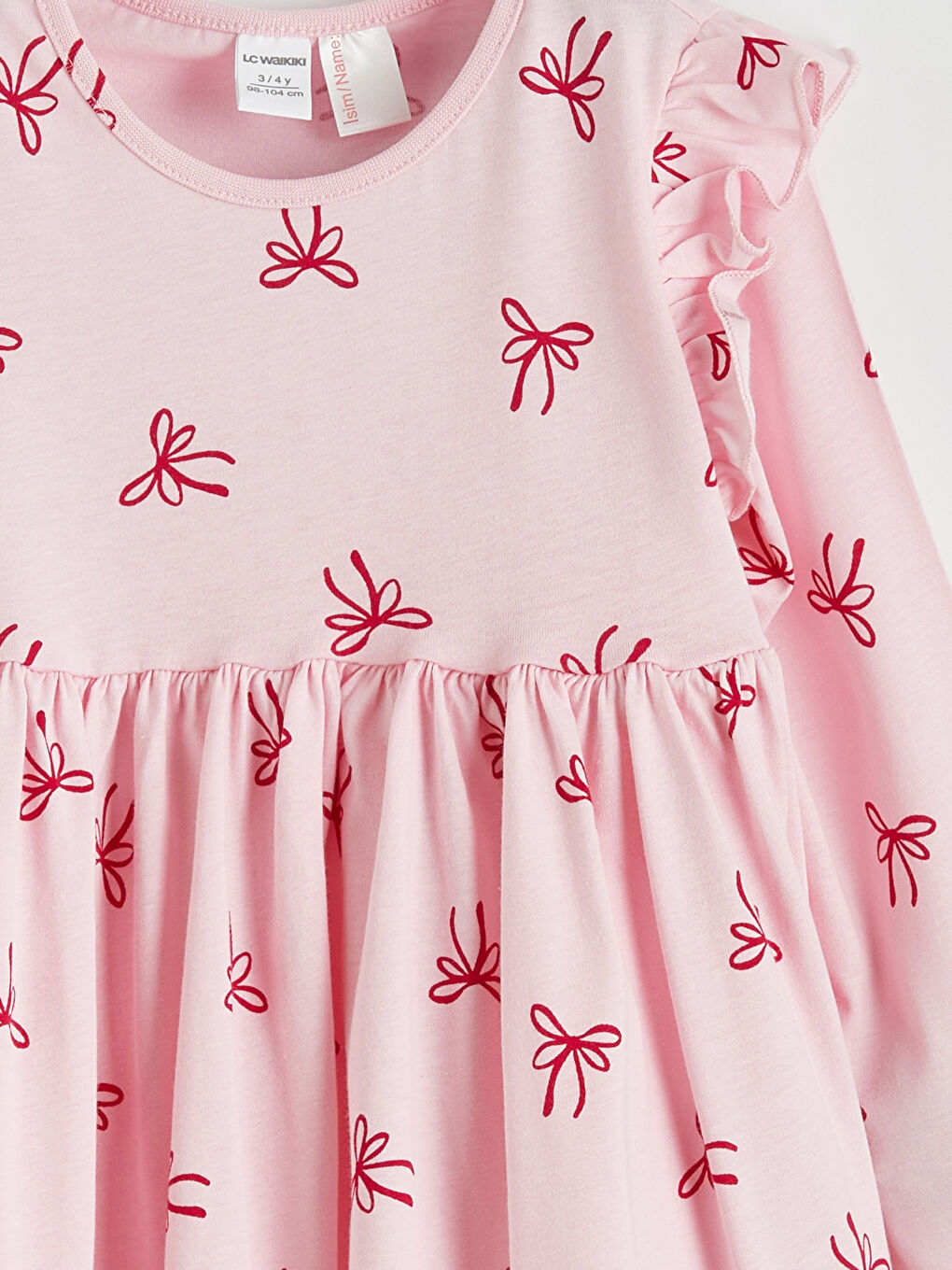 Pembe Kurdele Baskılı Fırfırlı Kız Çocuk Elbise-2